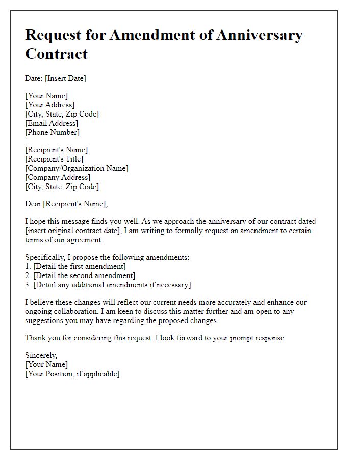 Letter template of anniversary contract amendment request