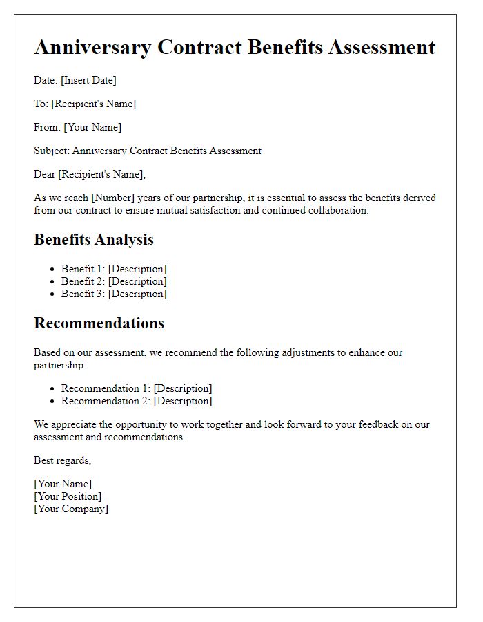 Letter template of anniversary contract benefits assessment