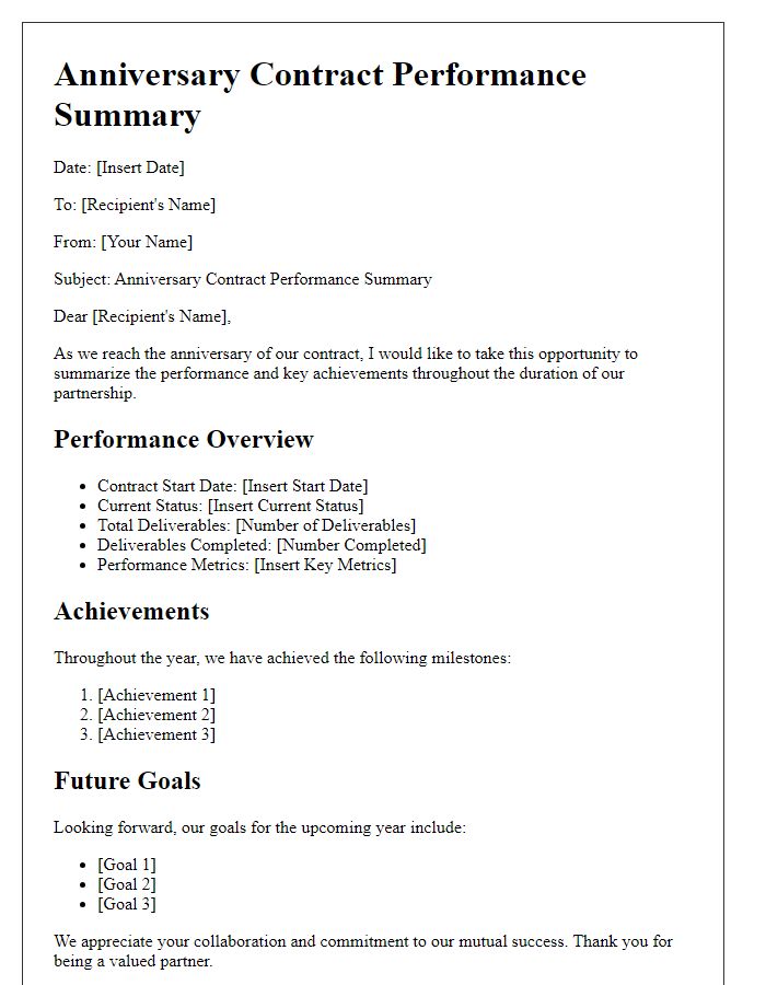 Letter template of anniversary contract performance summary