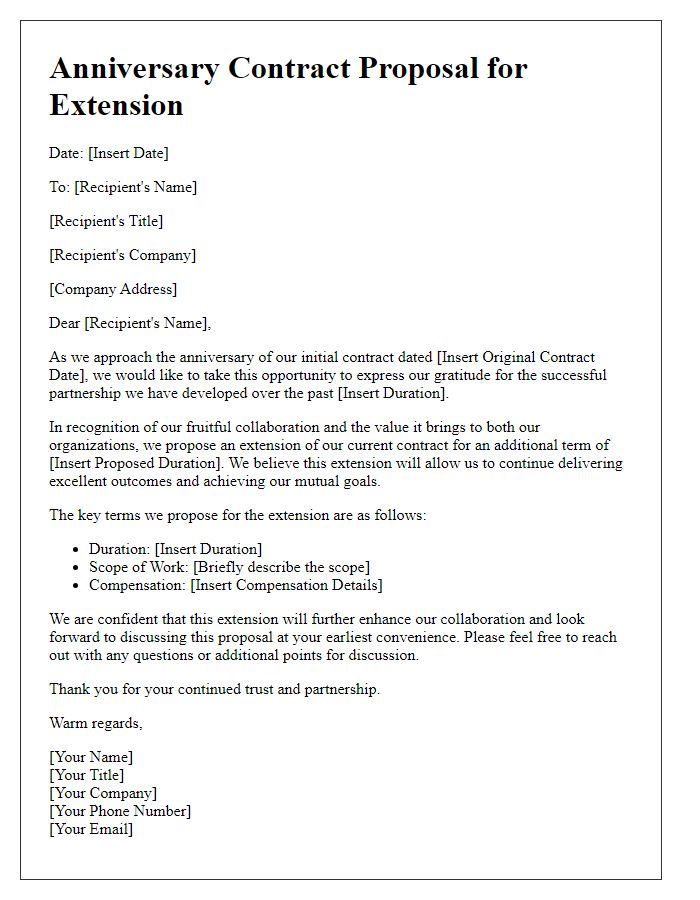 Letter template of anniversary contract proposal for extension