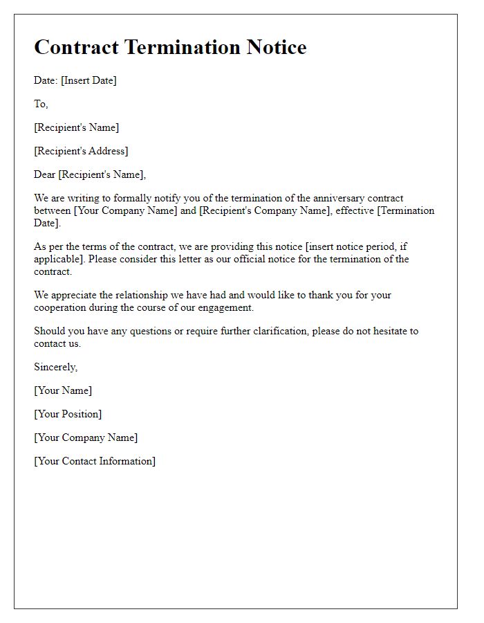 Letter template of anniversary contract termination notice