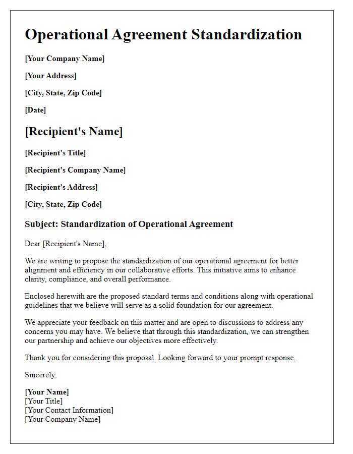 Letter template of operational agreement standardization