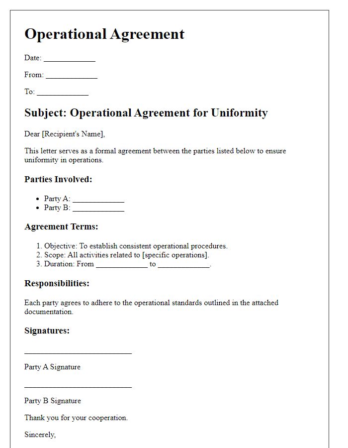 Letter template of operational agreement uniformity