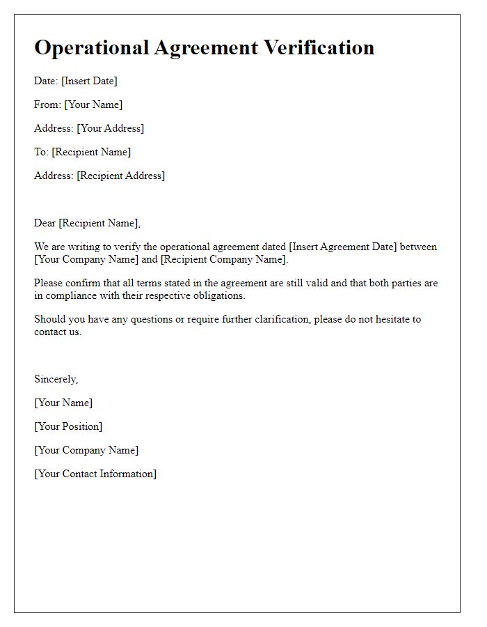 Letter template of operational agreement verification