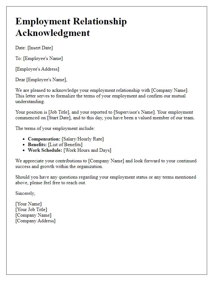 Letter template of employment relationship acknowledgment