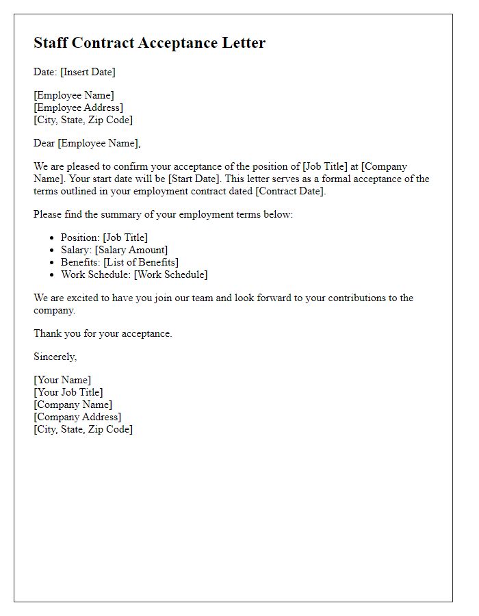 Letter template of staff contract acceptance