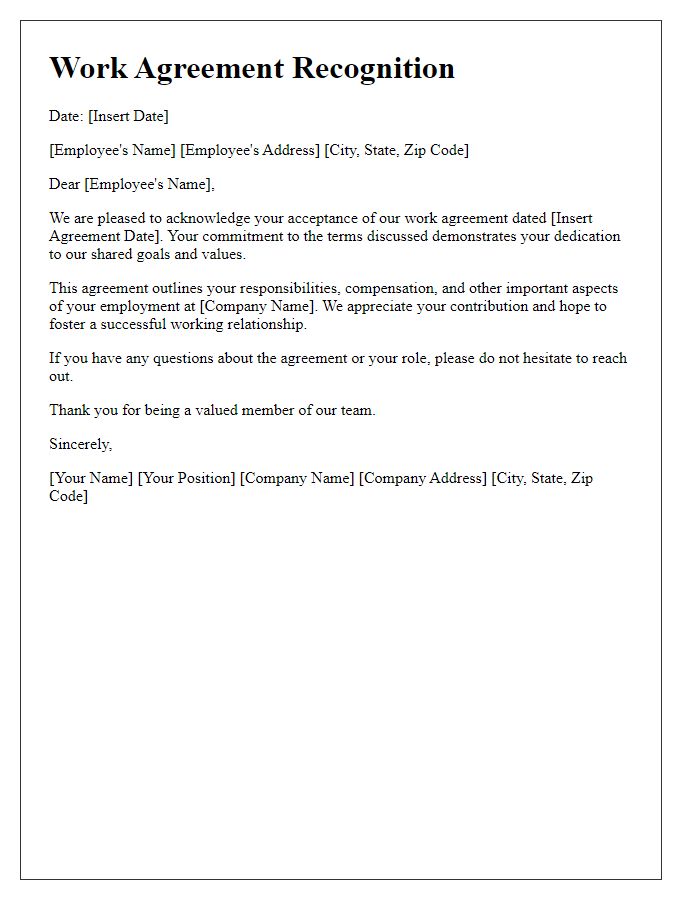 Letter template of work agreement recognition