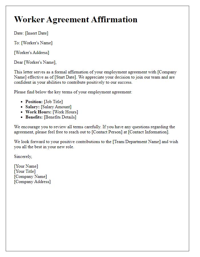 Letter template of worker agreement affirmation