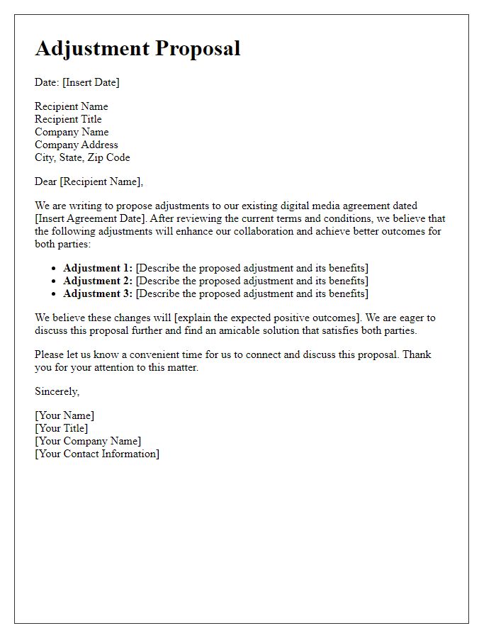 Letter template of adjustment proposal for digital media agreement