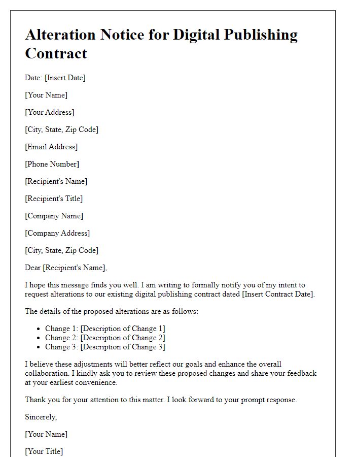 Letter template of alteration notice for digital publishing contract