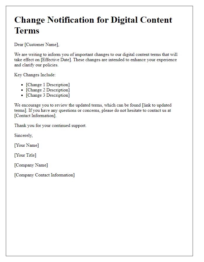 Letter template of change notification for digital content terms