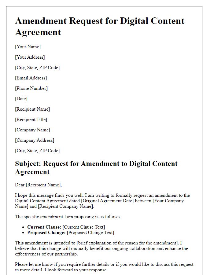 Letter template of digital content agreement amendment request