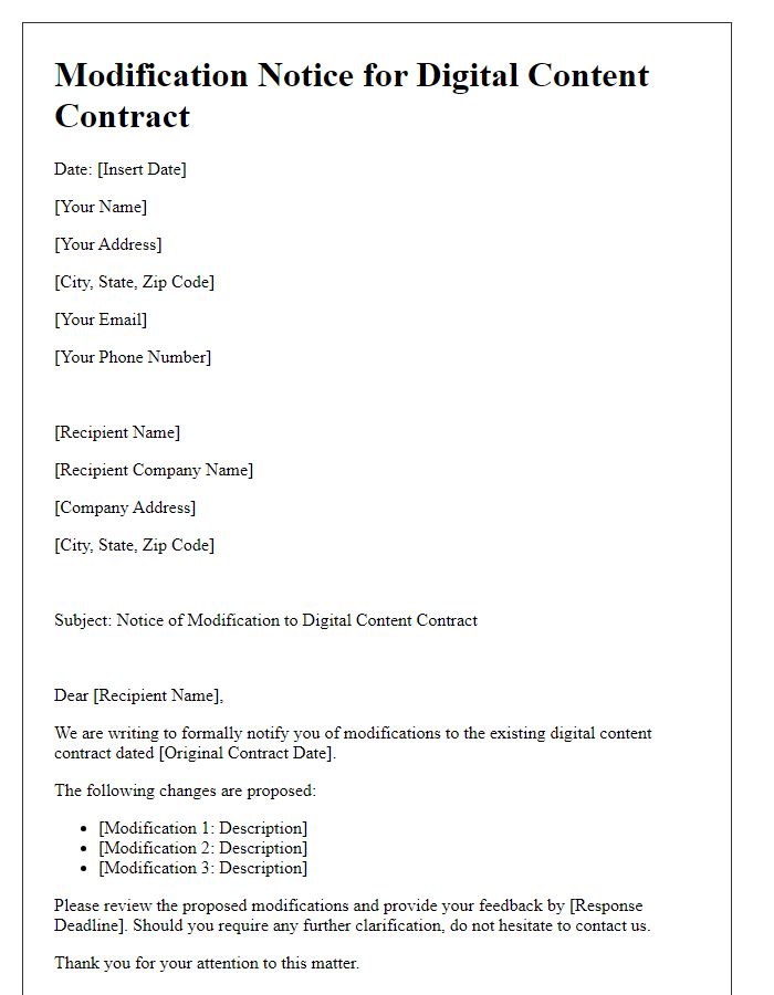 Letter template of modification notice for digital content contract