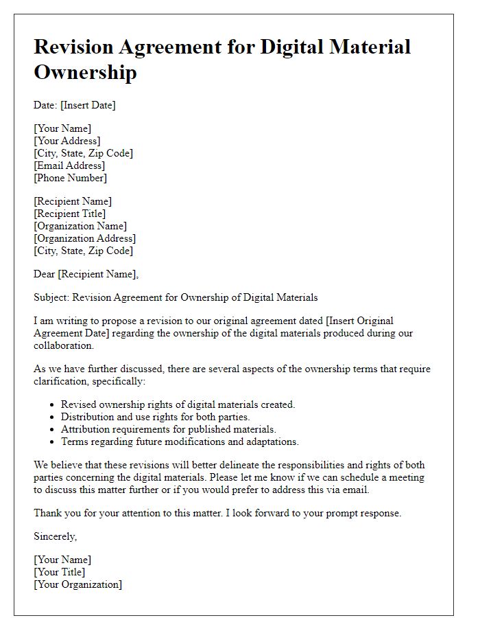 Letter template of revision agreement for digital material ownership