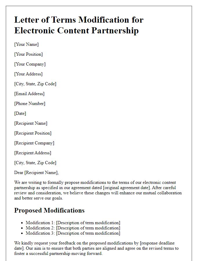 Letter template of terms modification for electronic content partnership