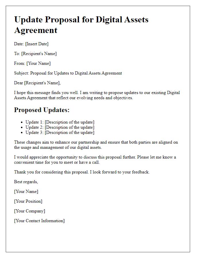 Letter template of update proposal for digital assets agreement