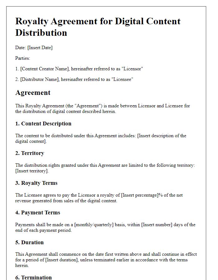 Letter template of royalty agreement for digital content distribution.