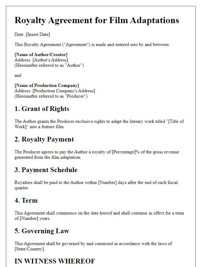 Letter template of royalty agreement for film adaptations.