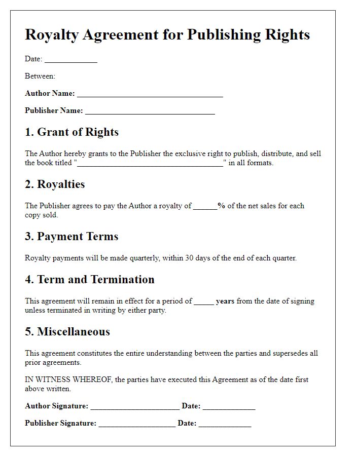 Letter template of royalty agreement for publishing rights.