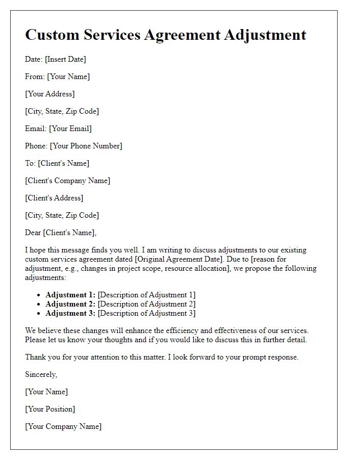 Letter template of custom services agreement adjustment