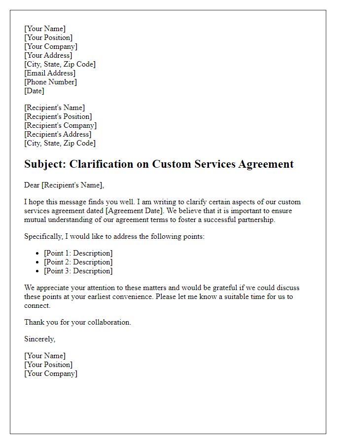 Letter template of custom services agreement clarification