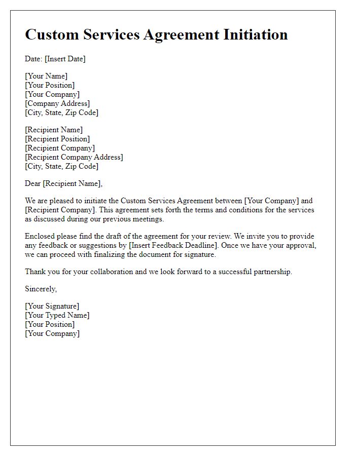 Letter template of custom services agreement initiation