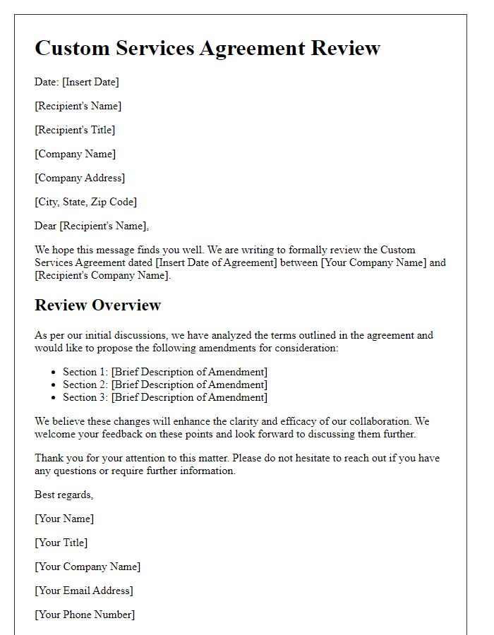 Letter template of custom services agreement review