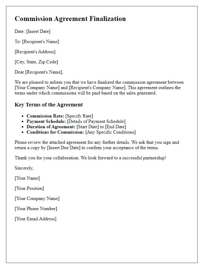 Letter template of commission agreement finalization.