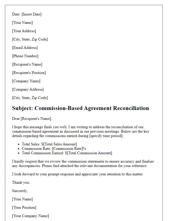 Letter template of commission-based agreement reconciliation.