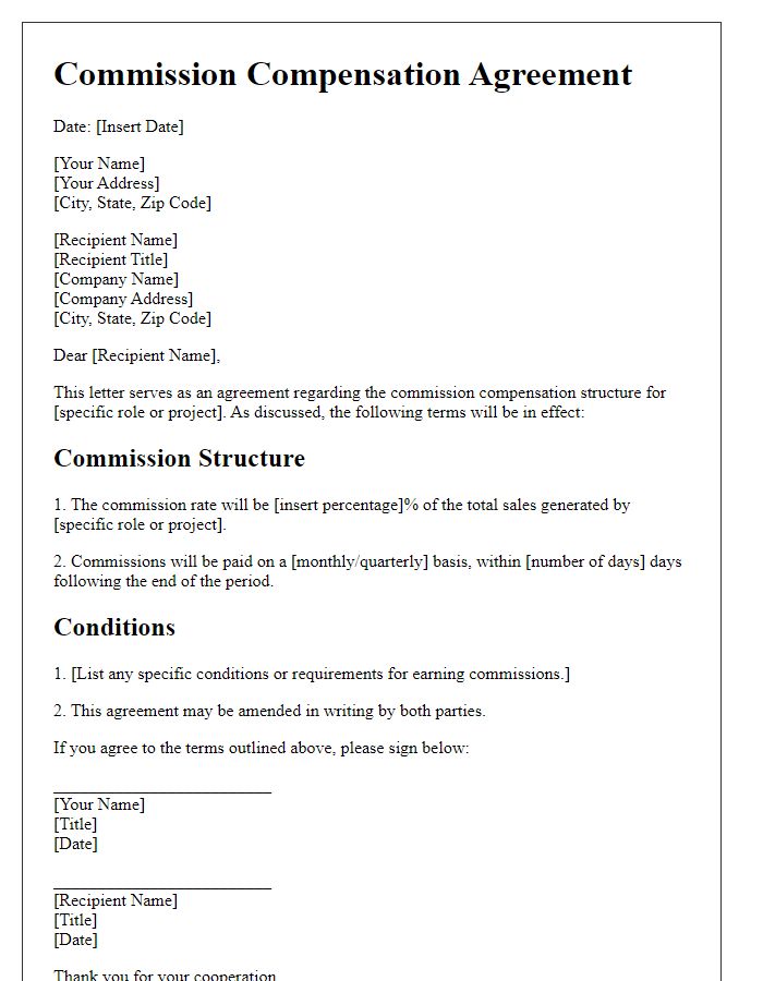 Letter template of commission compensation agreement.