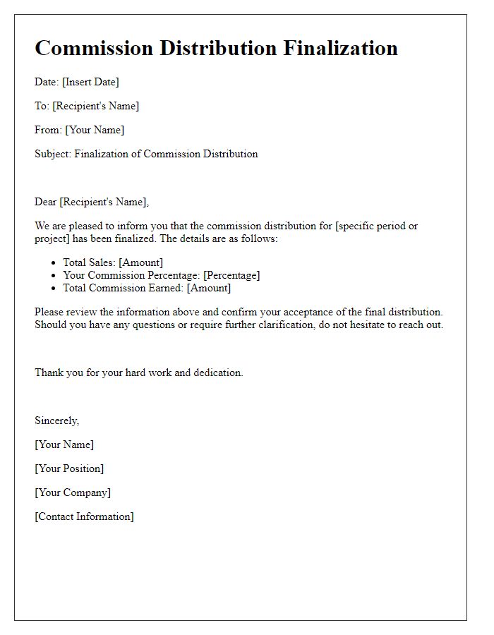 Letter template of commission distribution finalization.