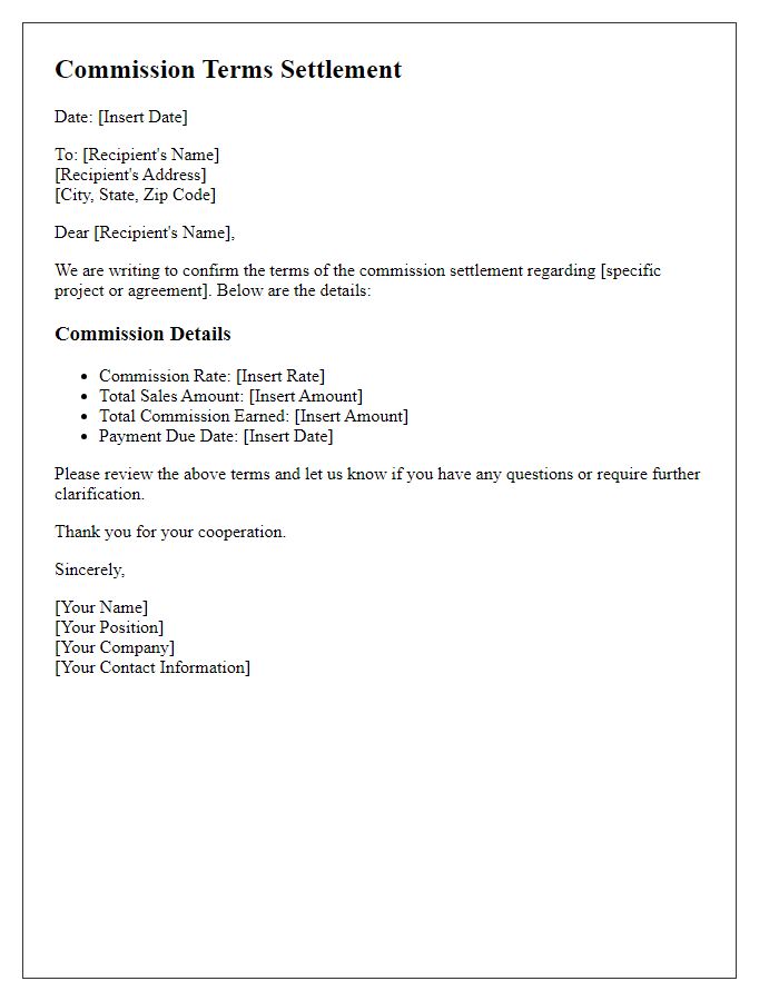 Letter template of commission terms settlement.