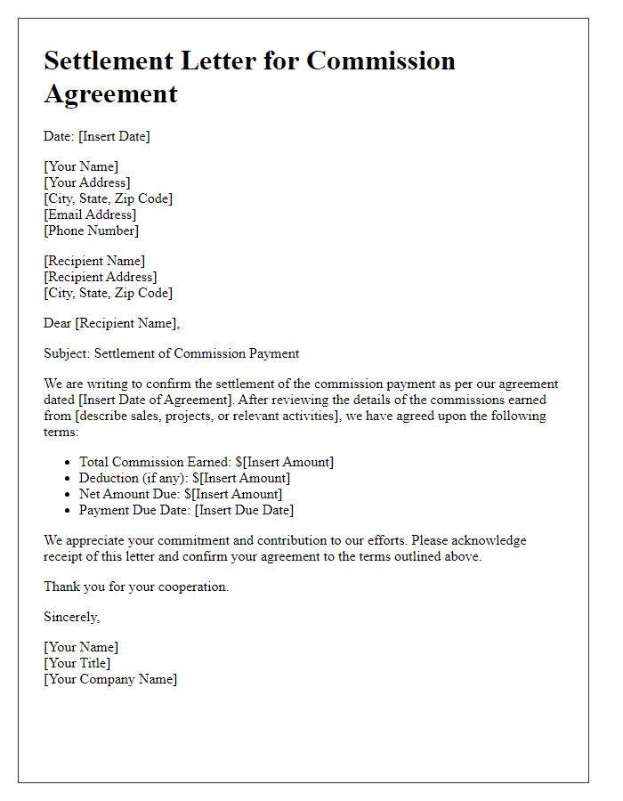 Letter template of settlement for commission contract.