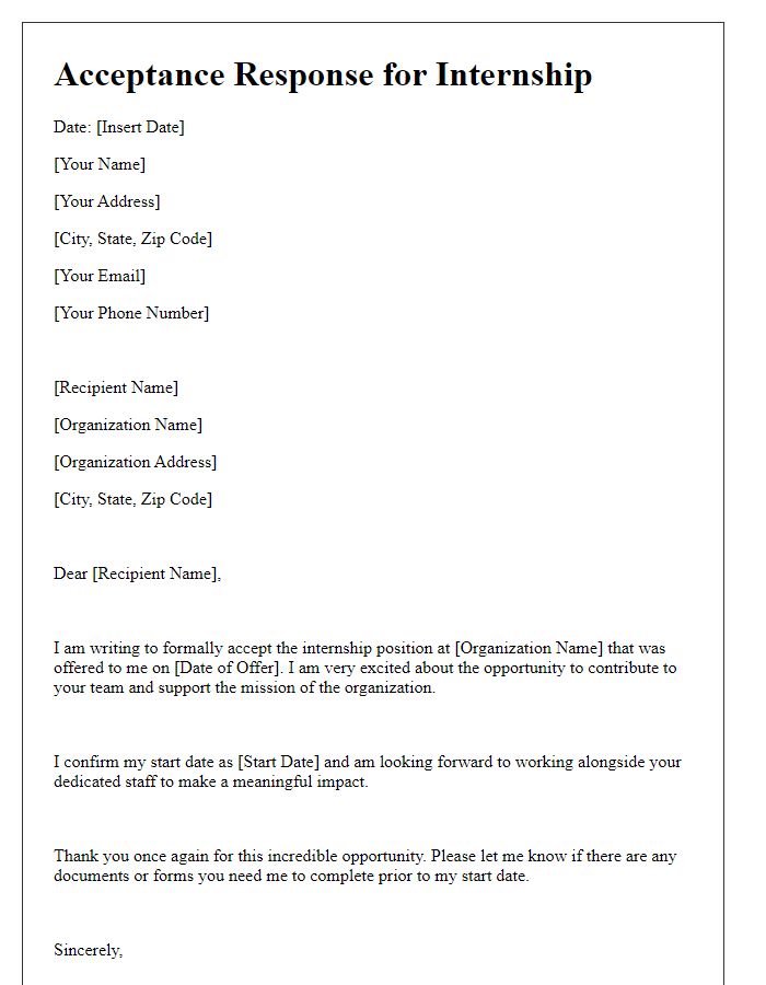 Letter template of acceptance response for an internship in a non-profit organization