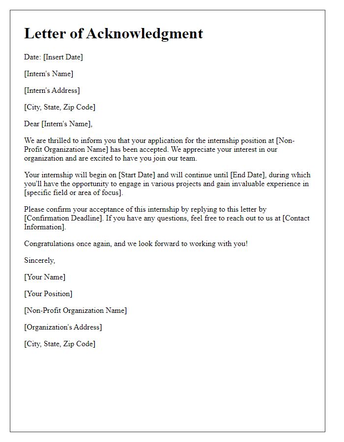 Letter template of acknowledgment for non-profit internship acceptance