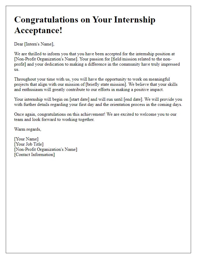 Letter template of congratulatory internship acceptance in a non-profit setting