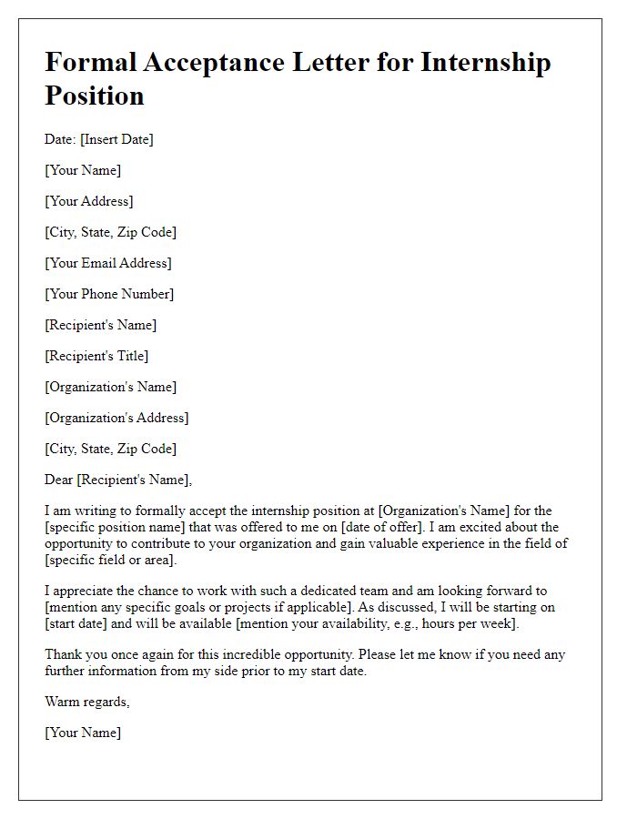 Letter template of formal acceptance for non-profit internship position