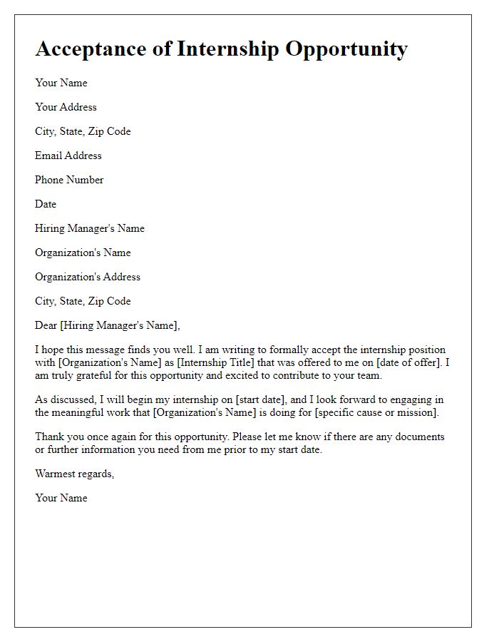 Letter template of polite acceptance for a non-profit internship opportunity