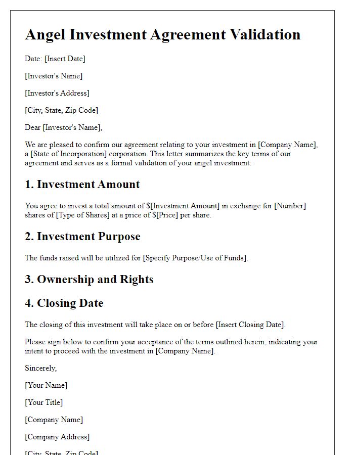 Letter template of angel investment agreement validation