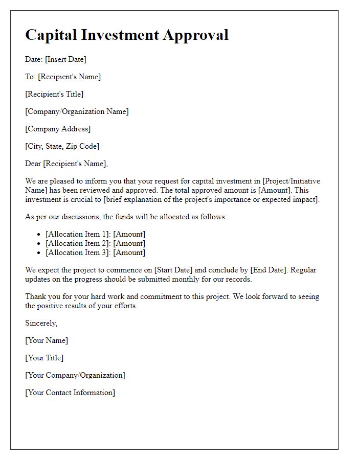 Letter template of capital investment approval