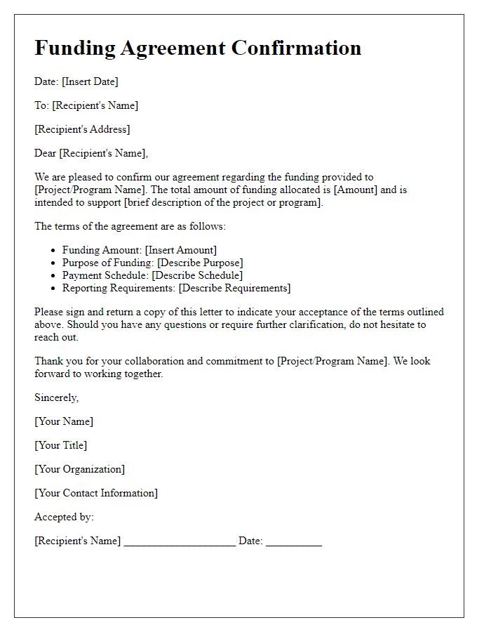 Letter template of funding agreement confirmation