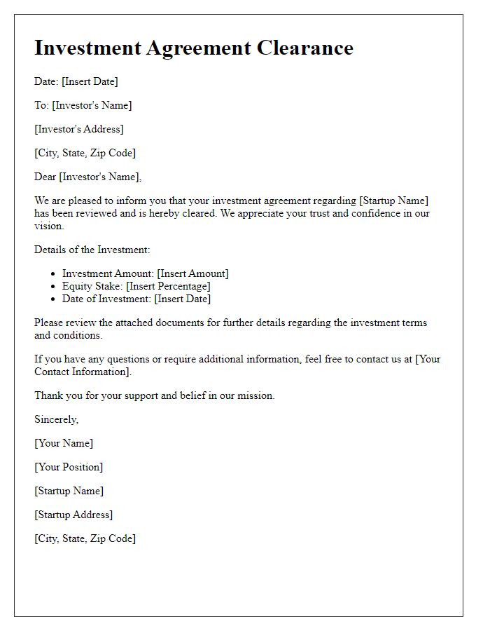 Letter template of startup investment agreement clearance