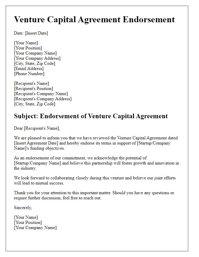 Letter template of venture capital agreement endorsement