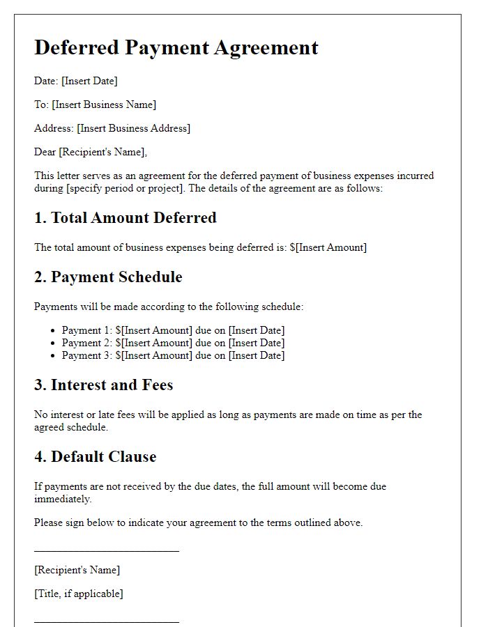 Letter template of deferred payment agreement for business expenses.