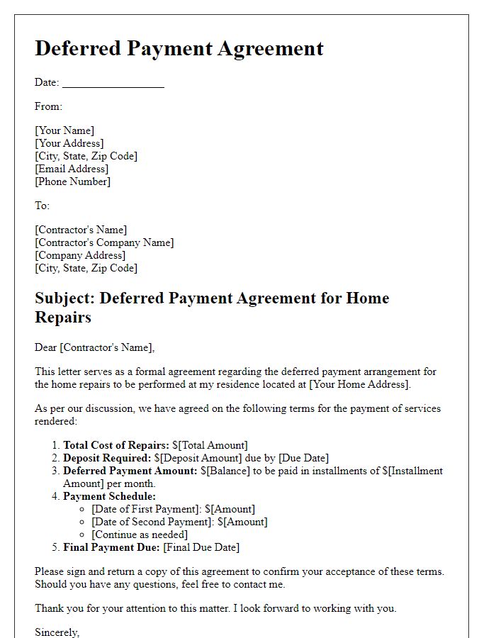 Letter template of deferred payment agreement for home repairs.