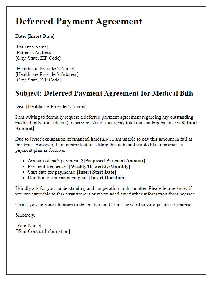 Letter template of deferred payment agreement for medical bills.