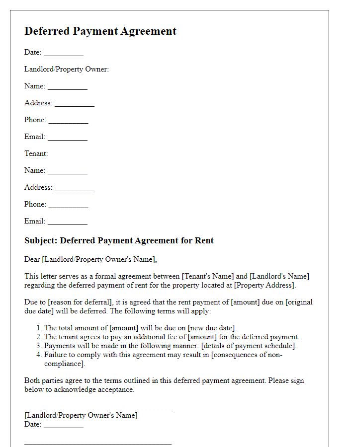 Letter template of deferred payment agreement for rent or lease.