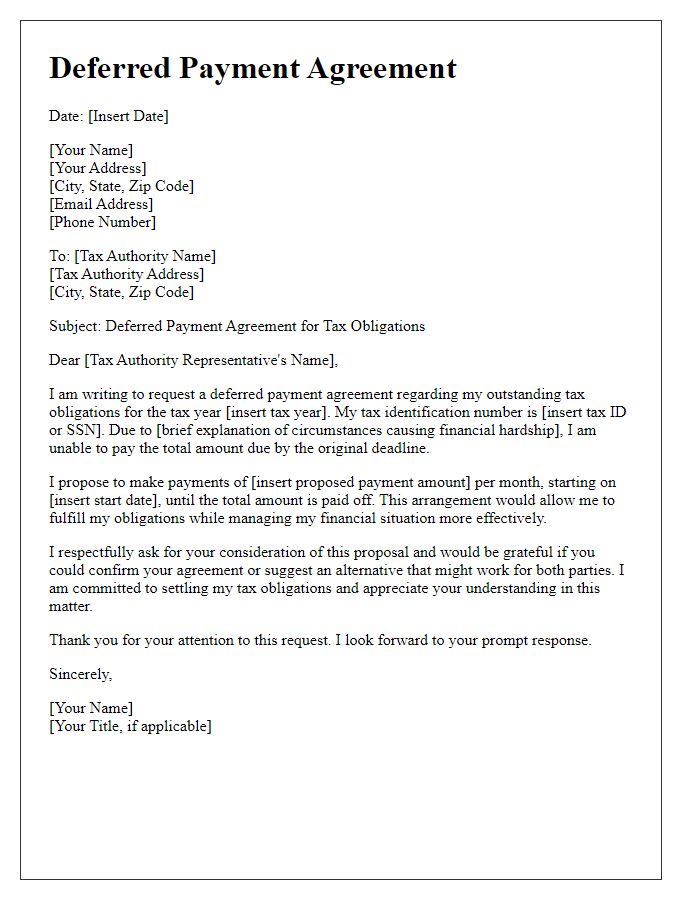 Letter template of deferred payment agreement for tax obligations.