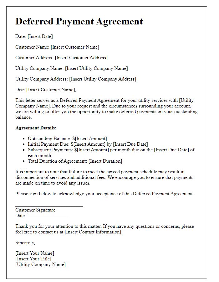 Letter template of deferred payment agreement for utility services.