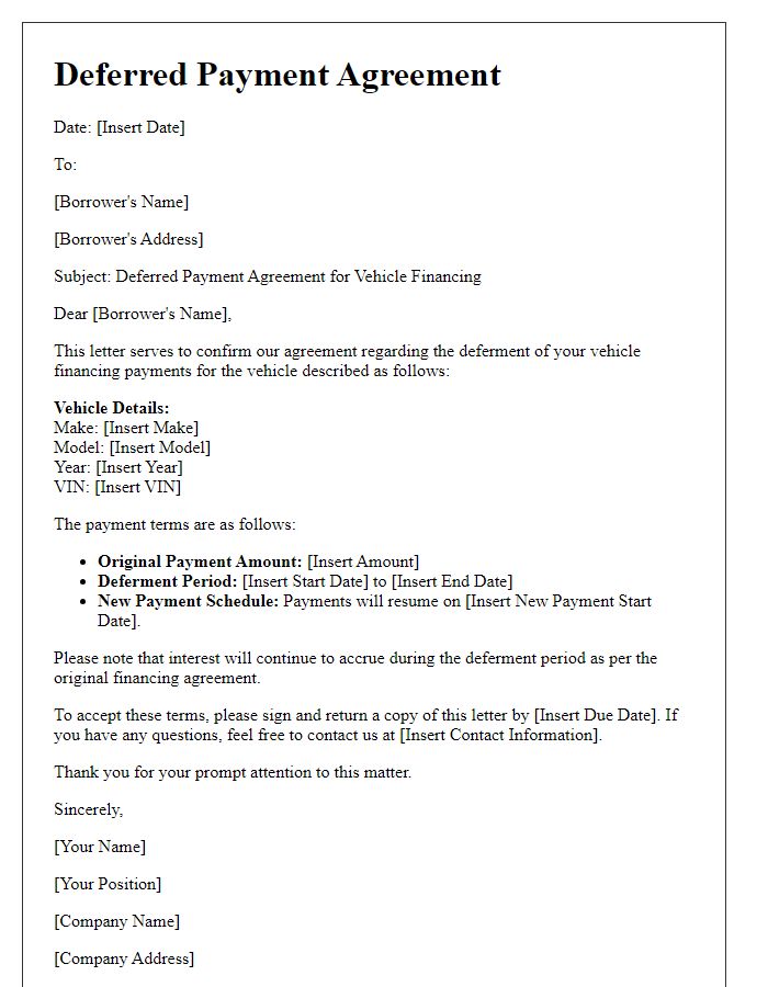 Letter template of deferred payment agreement for vehicle financing.